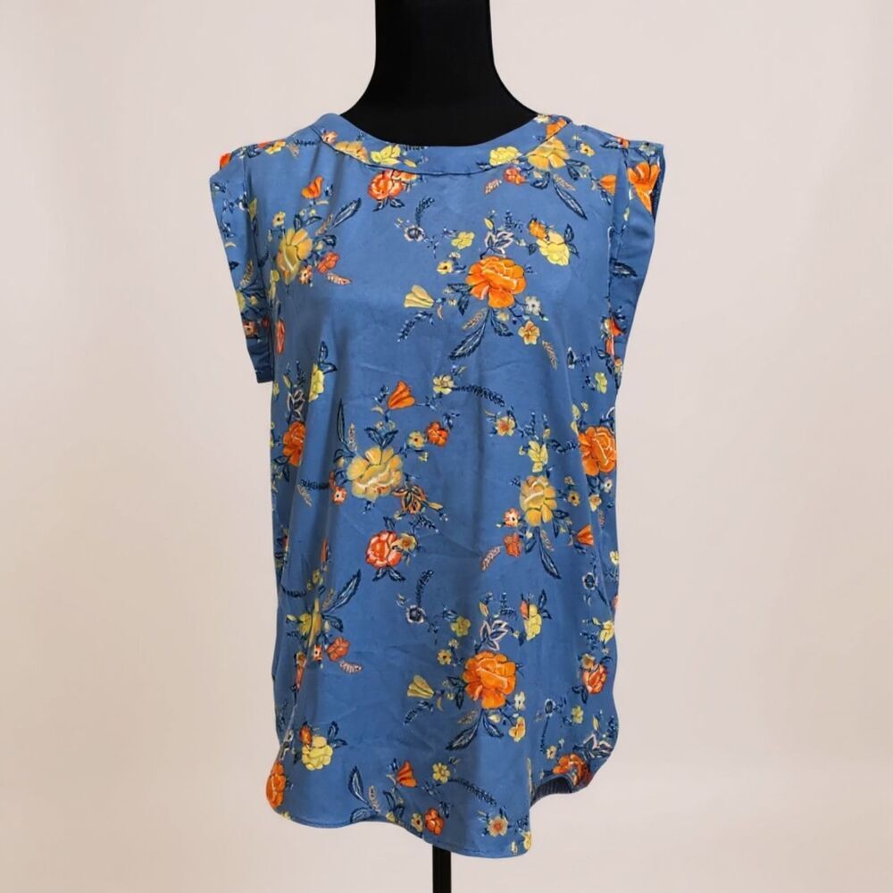🌺 Alice Blue Oversized Sleeveless Blouse XS Blue Orange Print Work Casual Top